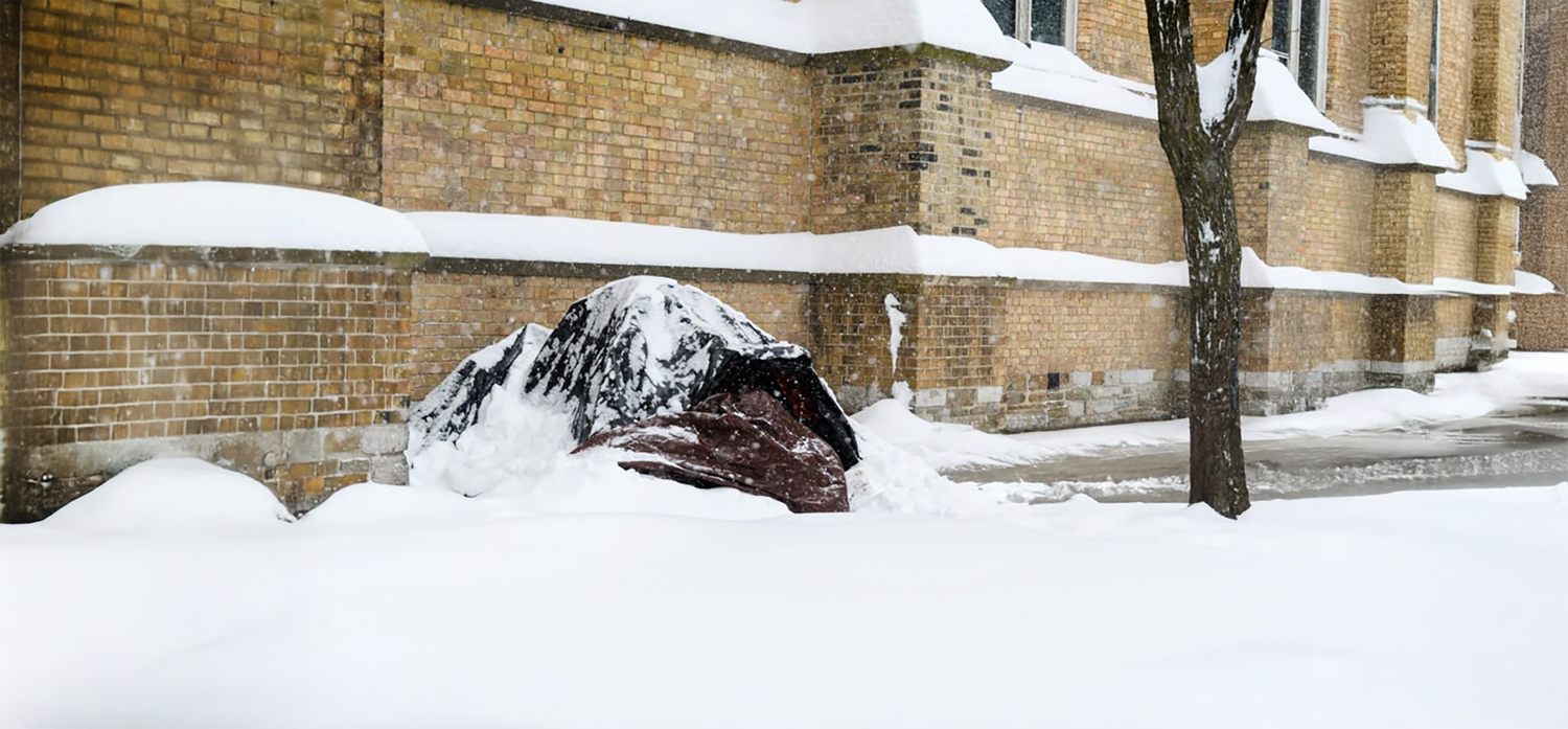 A tent covered in snow in downtown Toronto.
