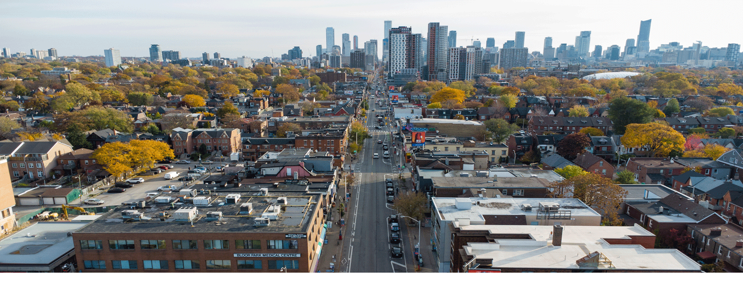 Aerial shot of a busy neighbourhood in Toronto