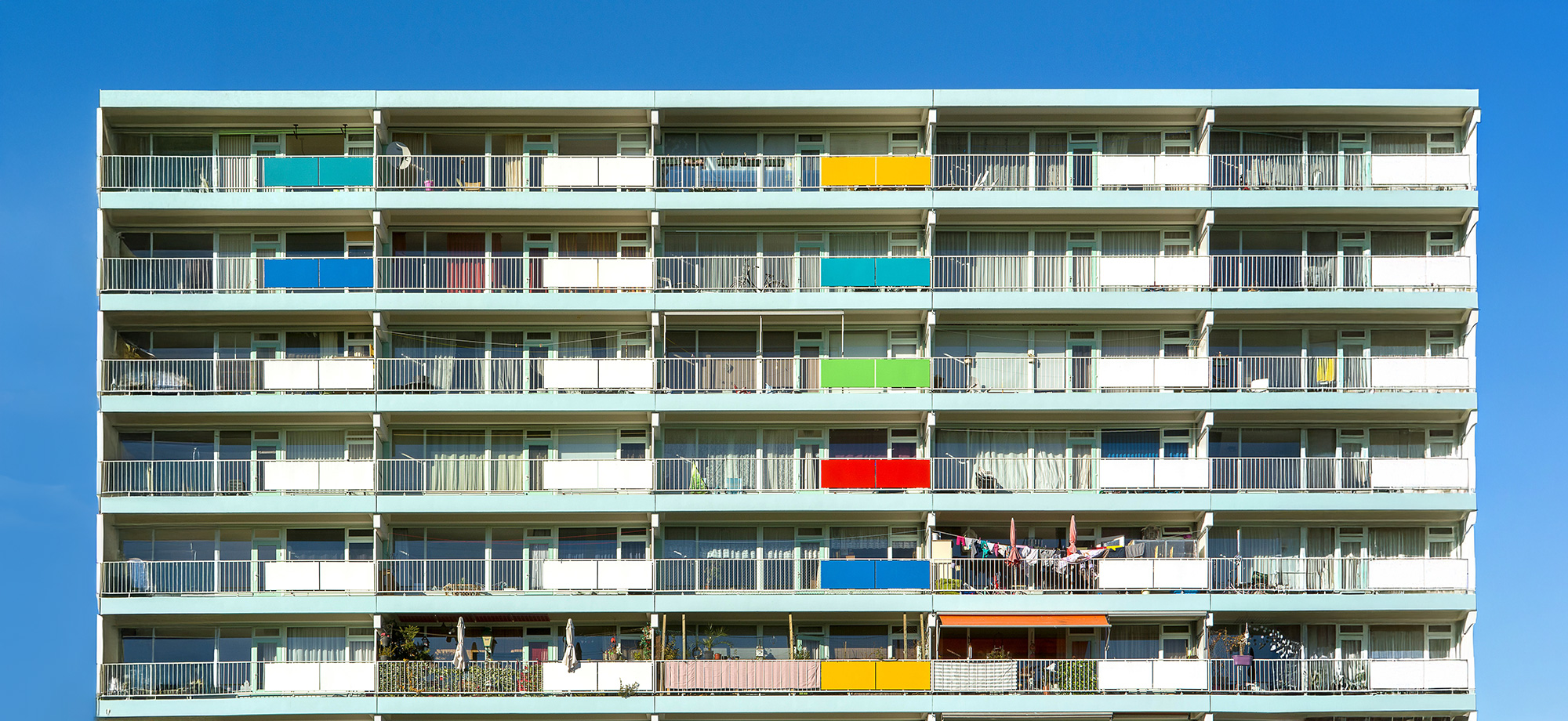 Exterior of a colourful apartment building